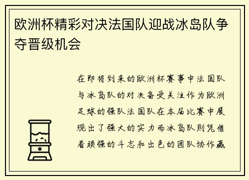 欧洲杯精彩对决法国队迎战冰岛队争夺晋级机会